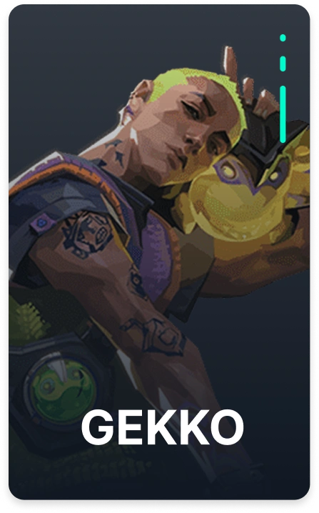 Portret van Valorant-agent Gekko, die de initiatiefnemer uitbeeldt met neonaccenten en een ontwerp geïnspireerd op een monster.